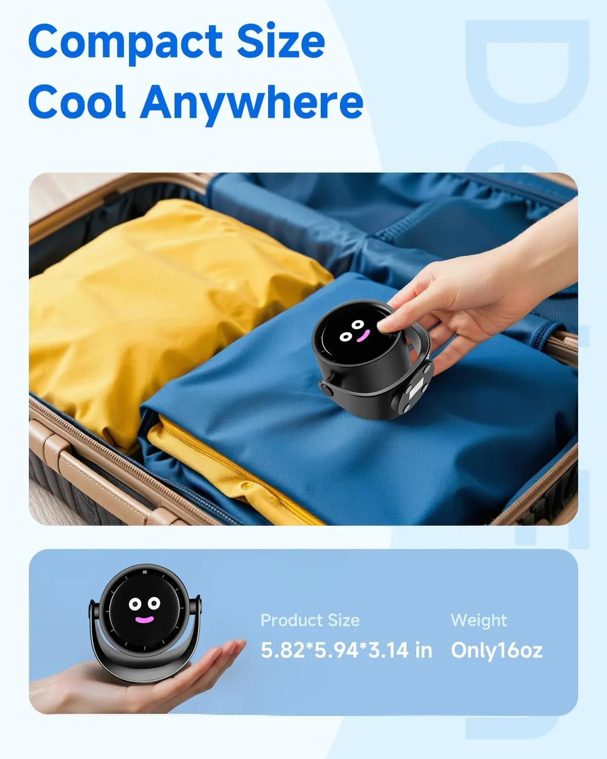 Portable Desk Fan for Bedroom, Turbo Table Fans with smile icon LED Display, 6-inch, 5-Speed Strong Airflow, Low Noise, 360 Adjustable Tilt, Suitable for Home, Office, Outdoor, Ink Black