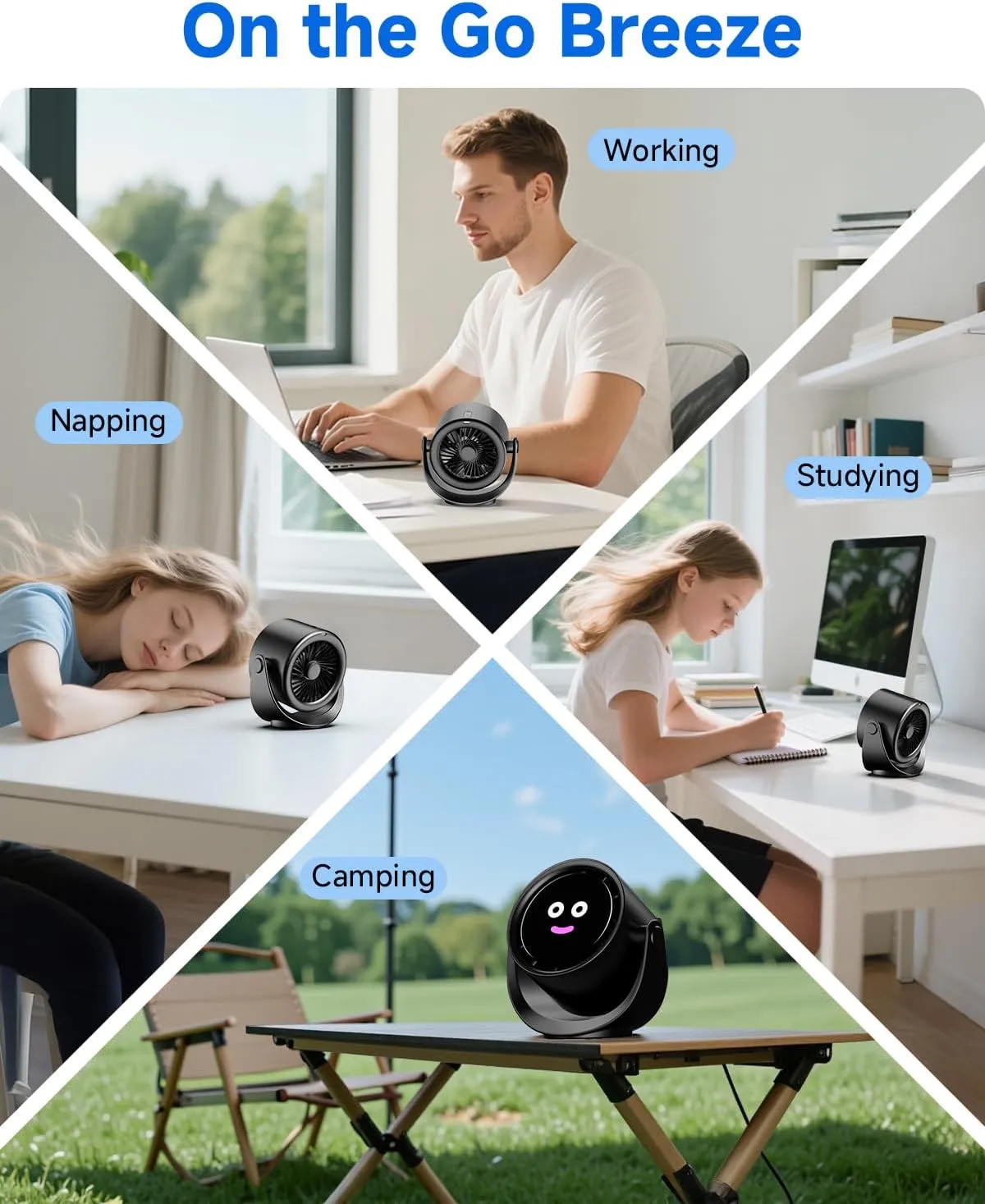 Portable Desk Fan for Bedroom, Turbo Table Fans with smile icon LED Display, 6-inch, 5-Speed Strong Airflow, Low Noise, 360 Adjustable Tilt, Suitable for Home, Office, Outdoor, Ink Black