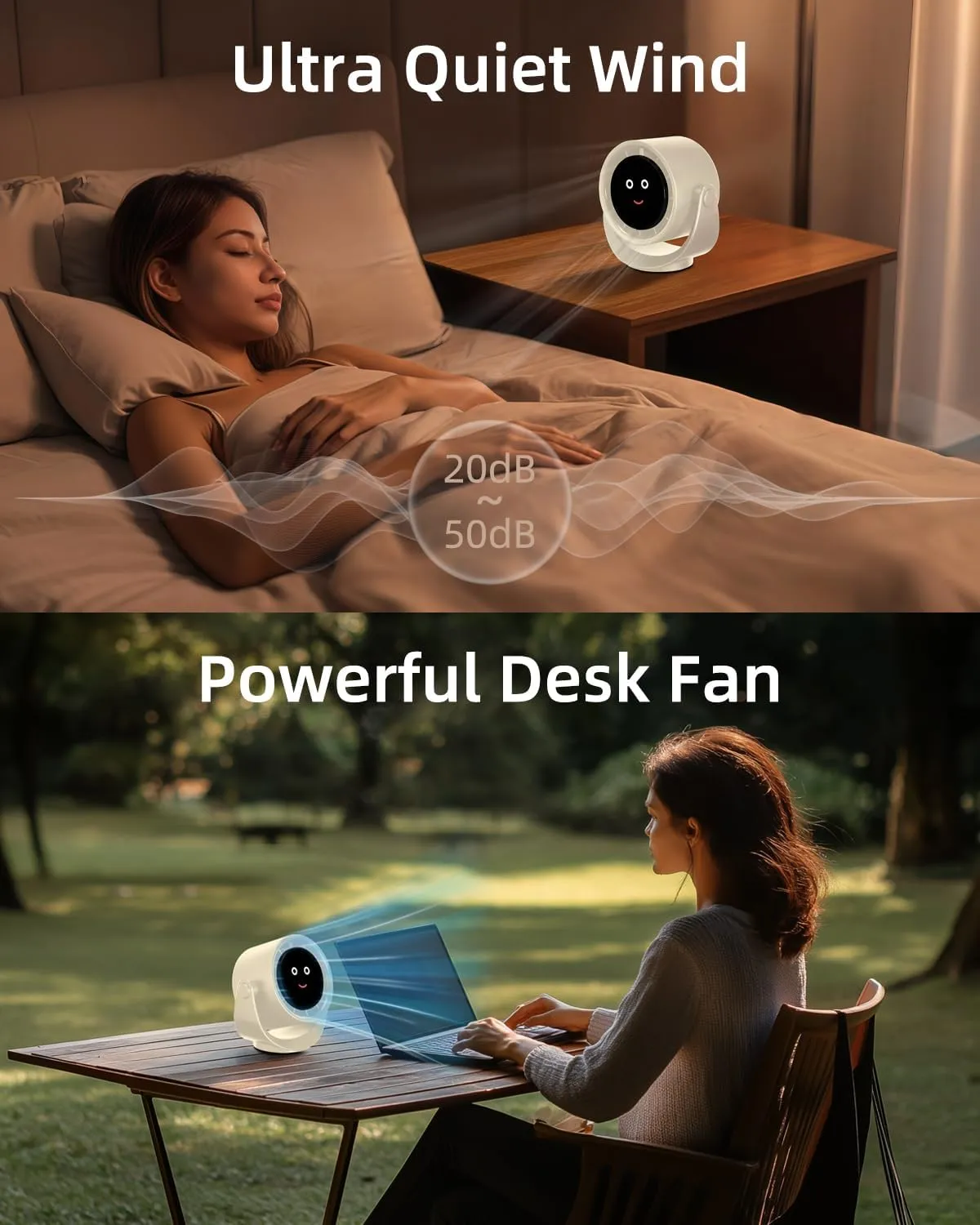 Portable Desk Fan for Bedroom, Turbo Table Fans with smile icon LED Display, 6-inch, 5-Speed Strong Airflow, Low Noise, 360 Adjustable Tilt, Suitable for Home, Office, Outdoor, Off-White