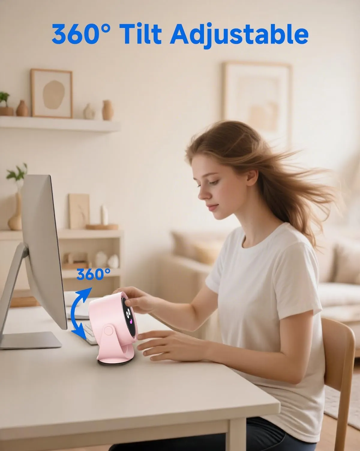 Portable Desk Fan for Bedroom, Turbo Table Fans with smile icon LED Display, 6-inch, 5-Speed Strong Airflow, Low Noise, 360 Adjustable Tilt, Suitable for Home, Office, Outdoor, Pink