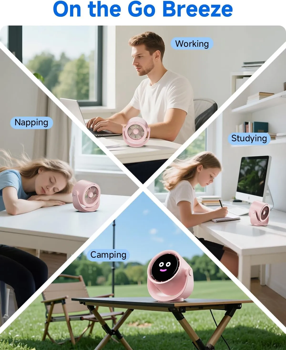 Portable Desk Fan for Bedroom, Turbo Table Fans with smile icon LED Display, 6-inch, 5-Speed Strong Airflow, Low Noise, 360 Adjustable Tilt, Suitable for Home, Office, Outdoor, Pink