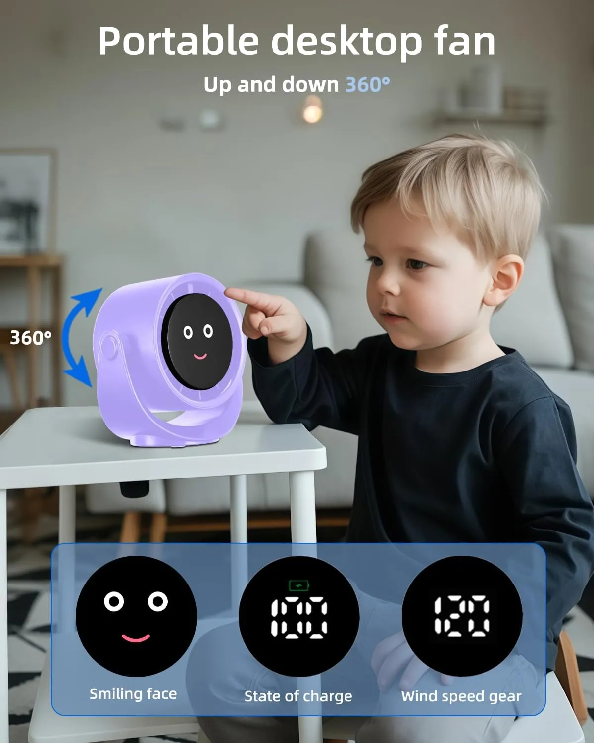Portable Desk Fan for Bedroom, Turbo Table Fans with smile icon LED Display, 6-inch, 5-Speed Strong Airflow, Low Noise, 360 Adjustable Tilt, Suitable for Home, Office, Outdoor, Purple