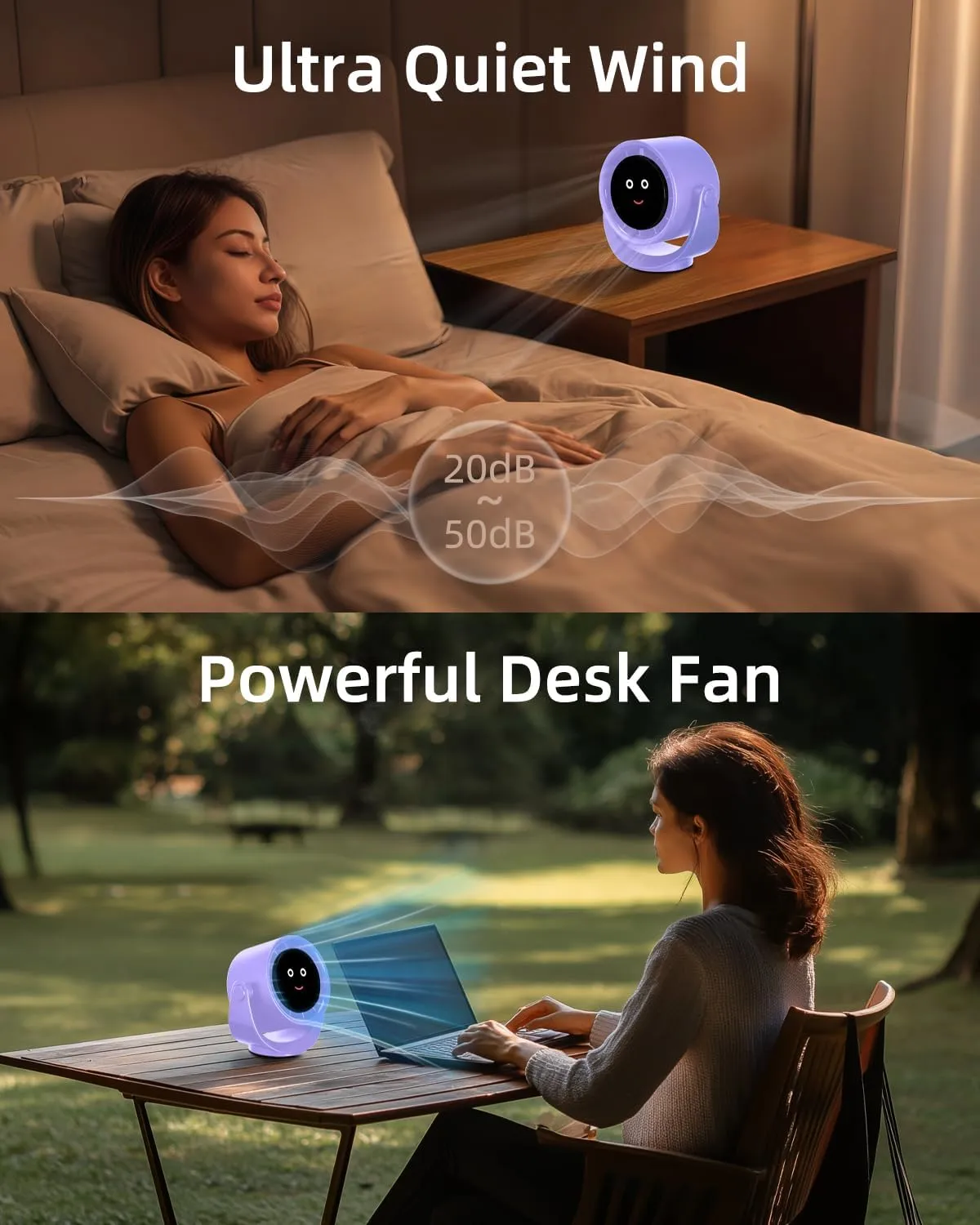 Portable Desk Fan for Bedroom, Turbo Table Fans with smile icon LED Display, 6-inch, 5-Speed Strong Airflow, Low Noise, 360 Adjustable Tilt, Suitable for Home, Office, Outdoor, Purple