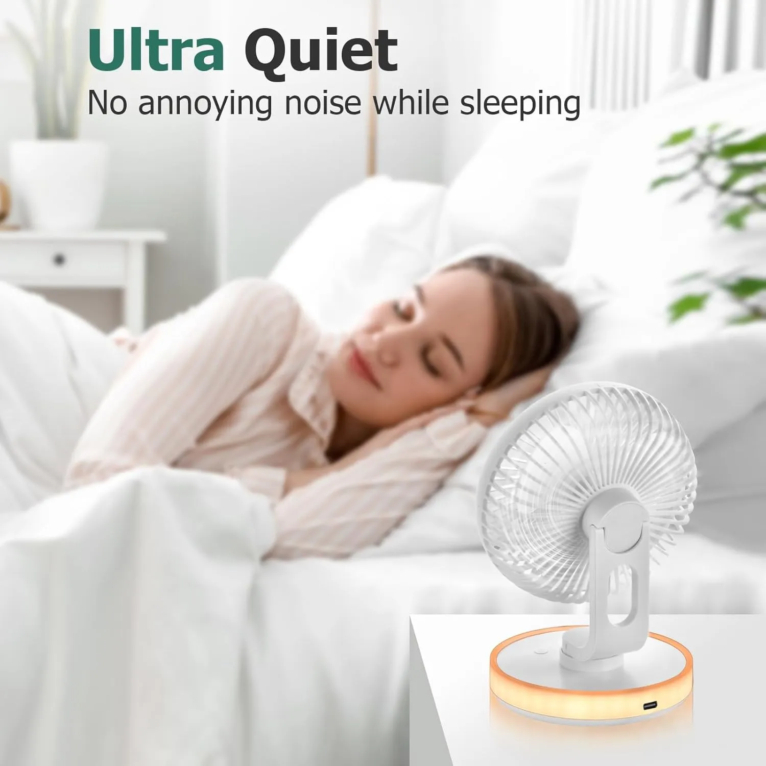 Portable Desk Fan with Circular LED Lights, 4 Speed Settings, 90 Adjustable Head Tilt Oscillating Fan, 4000mAh Rechargeable Table Fan, Battery Powered Quiet Personal Fan, Detachable Cleaning (White)