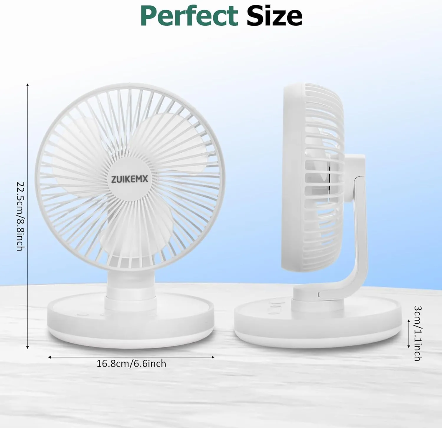 Portable Desk Fan with Circular LED Lights, 4 Speed Settings, 90 Adjustable Head Tilt Oscillating Fan, 4000mAh Rechargeable Table Fan, Battery Powered Quiet Personal Fan, Detachable Cleaning (White)