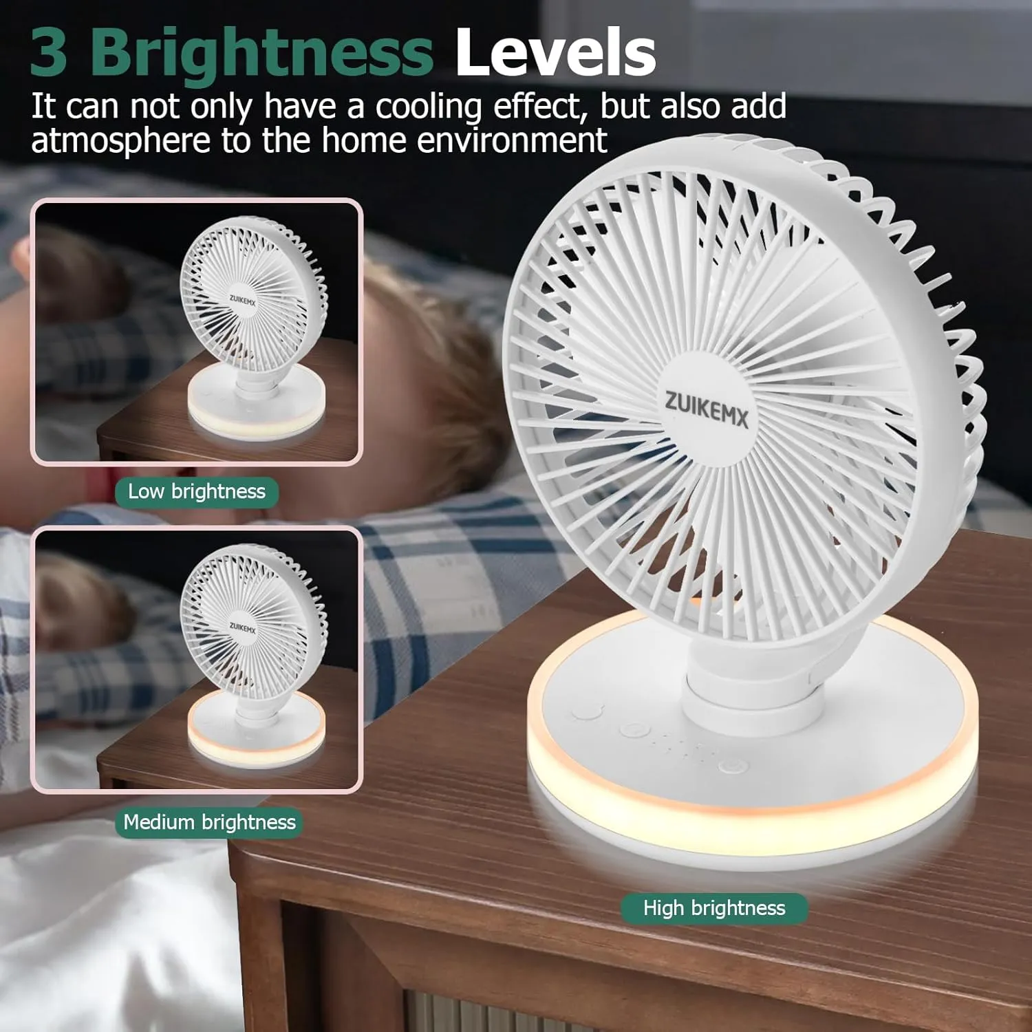 Portable Desk Fan with Circular LED Lights, 4 Speed Settings, 90 Adjustable Head Tilt Oscillating Fan, 4000mAh Rechargeable Table Fan, Battery Powered Quiet Personal Fan, Detachable Cleaning (White)