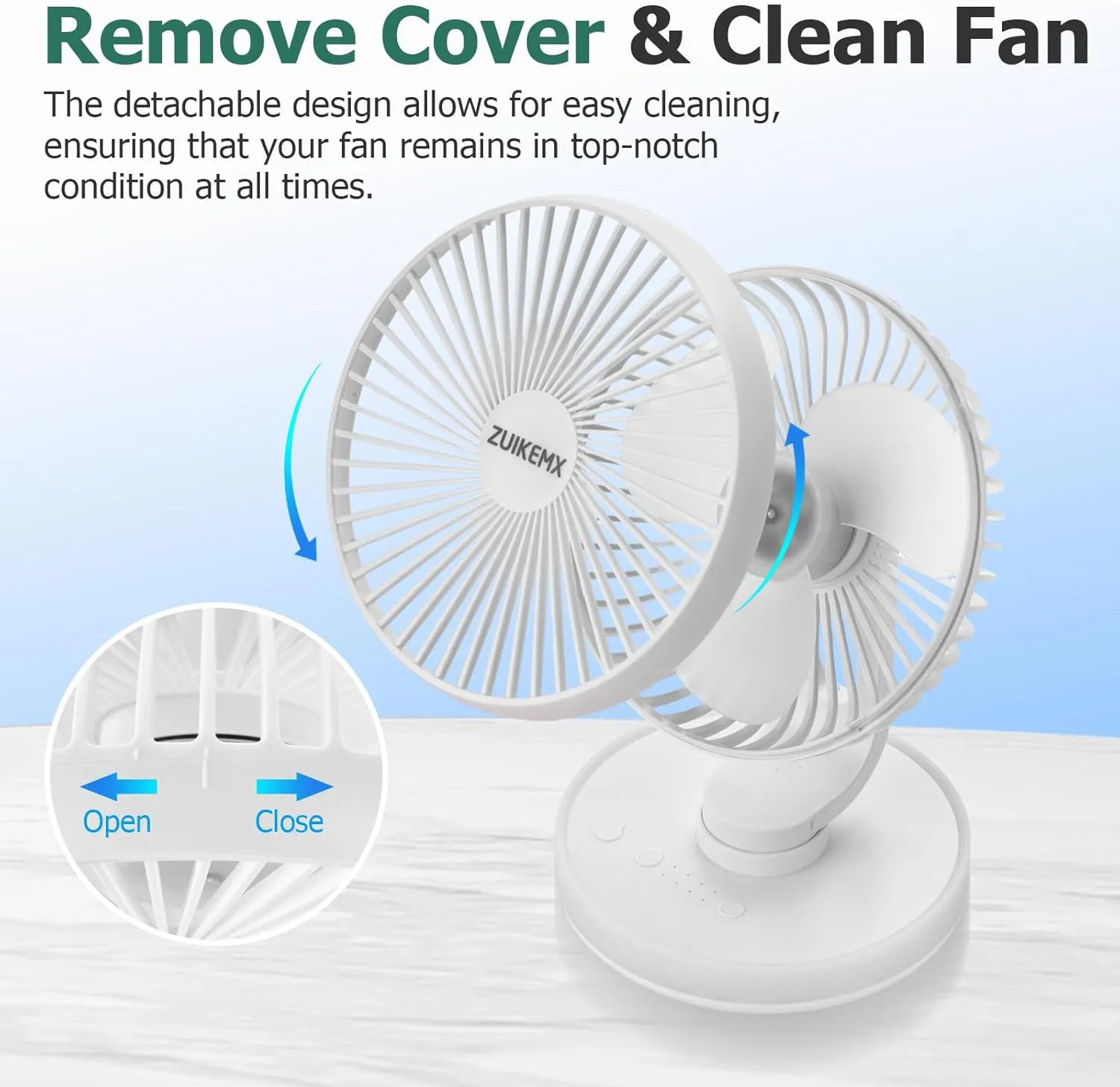 Portable Desk Fan with Circular LED Lights, 4 Speed Settings, 90 Adjustable Head Tilt Oscillating Fan, 4000mAh Rechargeable Table Fan, Battery Powered Quiet Personal Fan, Detachable Cleaning (White)