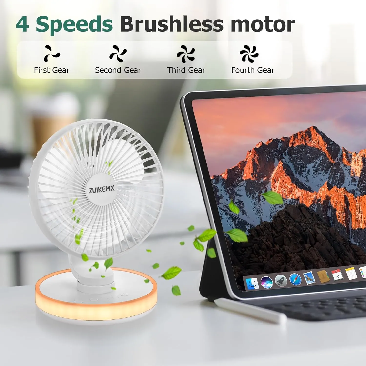 Portable Desk Fan with Circular LED Lights, 4 Speed Settings, 90 Adjustable Head Tilt Oscillating Fan, 4000mAh Rechargeable Table Fan, Battery Powered Quiet Personal Fan, Detachable Cleaning (White)