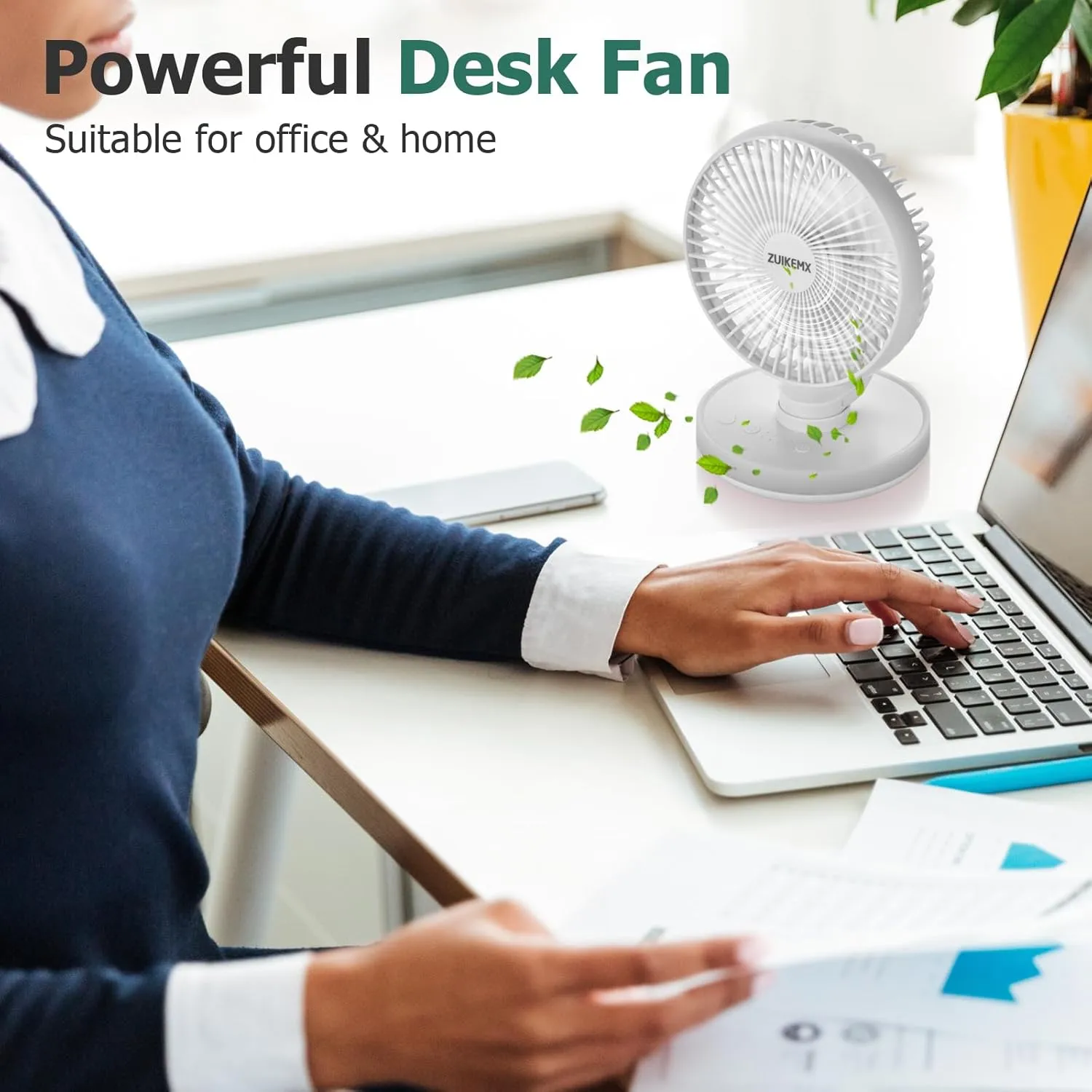 Portable Desk Fan with Circular LED Lights, 4 Speed Settings, 90 Adjustable Head Tilt Oscillating Fan, 4000mAh Rechargeable Table Fan, Battery Powered Quiet Personal Fan, Detachable Cleaning (White)