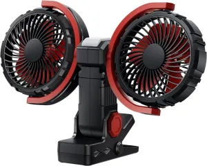Portable Dual Head Clip On Fan with Light, USB Rechargeable Personal Fan, 4000mAh Battery Powered Desk Fan for Bedroom Home Office Camping, 3 Speed 360 Rotate Table Cooling Fans (Black) 360-degree rotating fan for home use