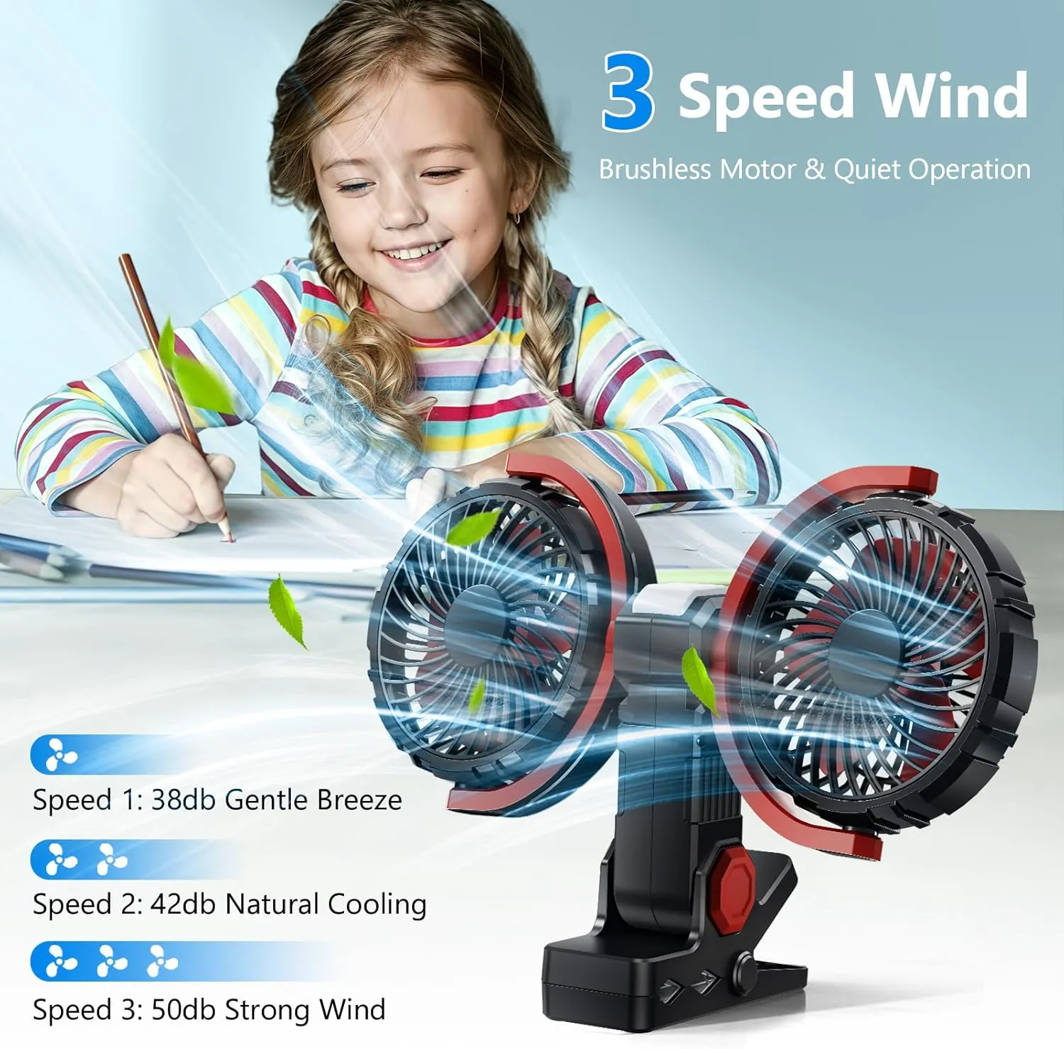 Portable Dual Head Clip On Fan with Light, USB Rechargeable Personal Fan, 4000mAh Battery Powered Desk Fan for Bedroom Home Office Camping, 3 Speed 360 Rotate Table Cooling Fans (Black)