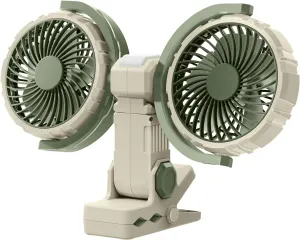 Portable Dual Head Clip On Fan with Light, USB Rechargeable Personal Fan, 4000mAh Battery Powered Desk Fan for Bedroom Home Office Camping, 3 Speed 360 Rotate Table Cooling Fans (Light Green) 360-degree rotating fan for home use