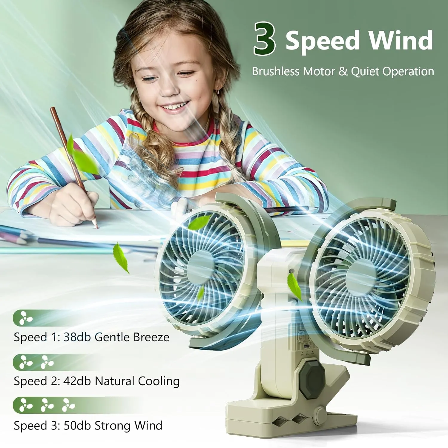 Portable Dual Head Clip On Fan with Light, USB Rechargeable Personal Fan, 4000mAh Battery Powered Desk Fan for Bedroom Home Office Camping, 3 Speed 360 Rotate Table Cooling Fans (Light Green)