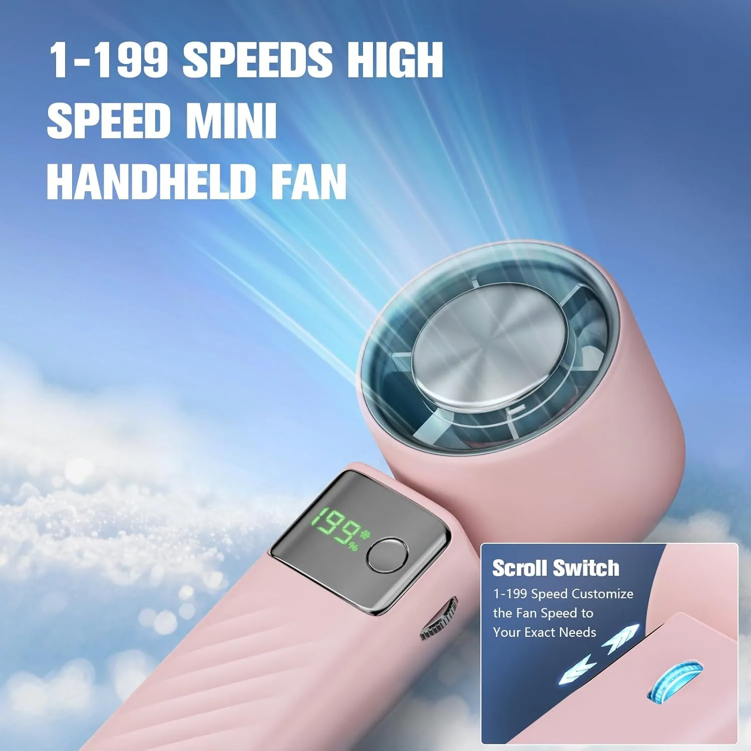 Portable Fan, 199 Speed with 60000RPM, Adjustable Handheld Mini Fan with 1-199 Turbo Cooling, USB Rechargeable, Foldable, LED Display, Up to 24H Cooling for Travel, Beach, Outdoor  Pink