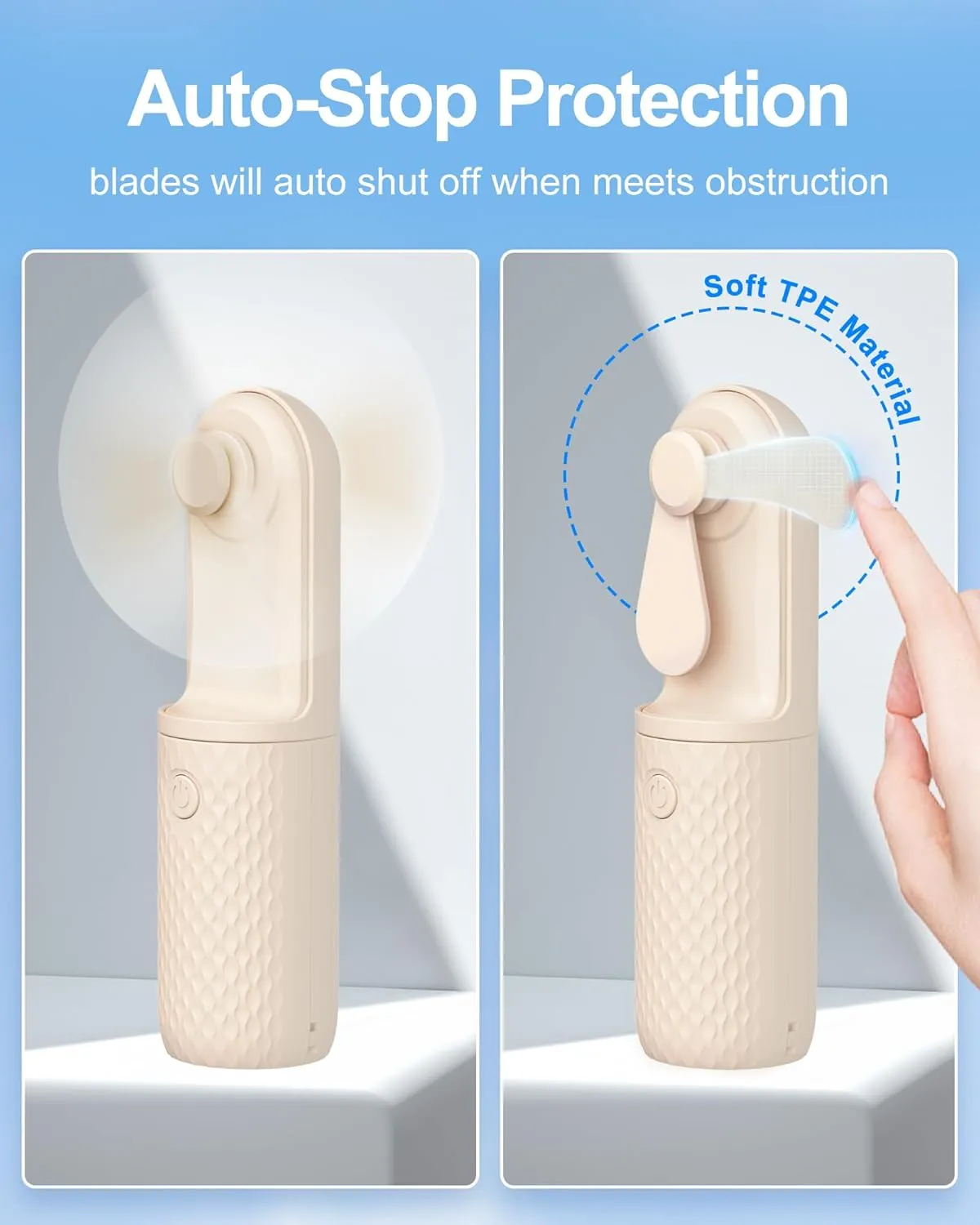 Portable Fan, 2000mAh Rechargeable Battery Operated Mini Handheld Fan, Powerful Safety Design Pocket Fans for Travel/Outdoor/Concert/Beach/Make-up, Gifts for Mom, Teens, Beige