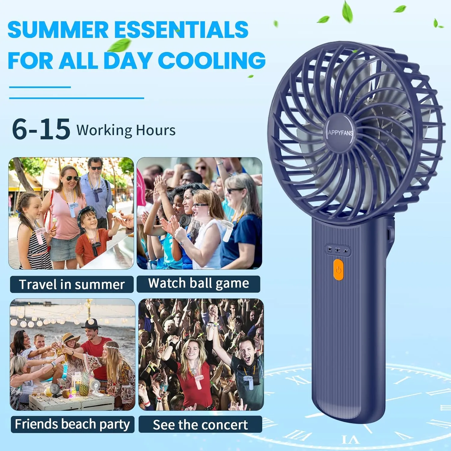 Portable Fan - 4-Speed Handheld, Desk & Neck Fan, USB Rechargeable, Lightweight & Bendable Handle for Indoor, Outdoor, Travel - Ideal for Women, Men, and Pets, Navy Blue