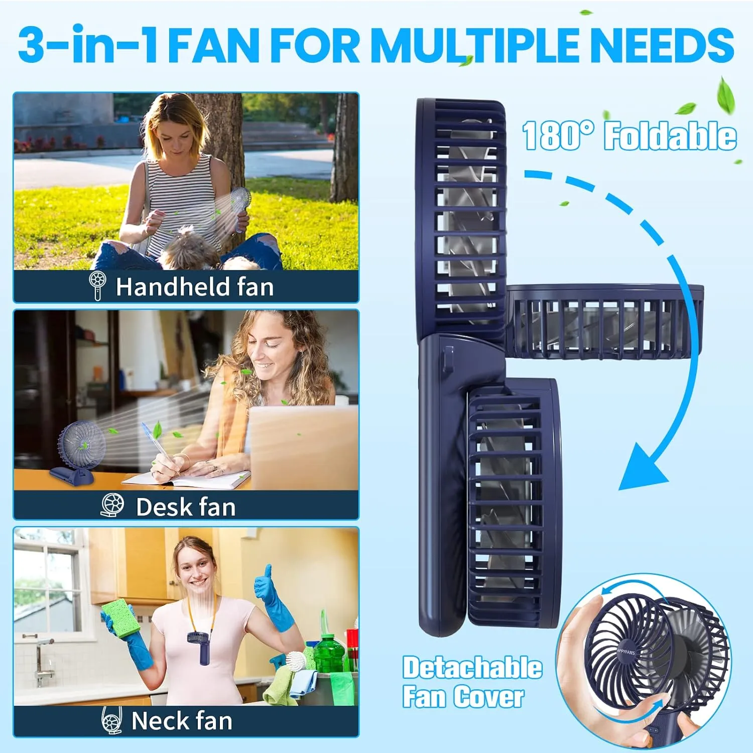 Portable Fan - 4-Speed Handheld, Desk & Neck Fan, USB Rechargeable, Lightweight & Bendable Handle for Indoor, Outdoor, Travel - Ideal for Women, Men, and Pets, Navy Blue