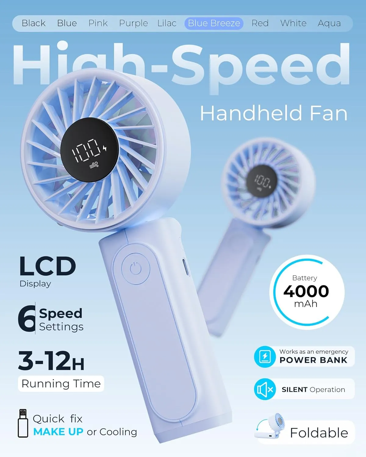 Portable Fan, 4000mAh Rechargeable, 180 Foldable Mini Desk Fan with 6 Wind Speed, LCD Digital Display, Lanyard as Neck Fan, Ultra Quiet, Pocket Size for Indoor Outdoor