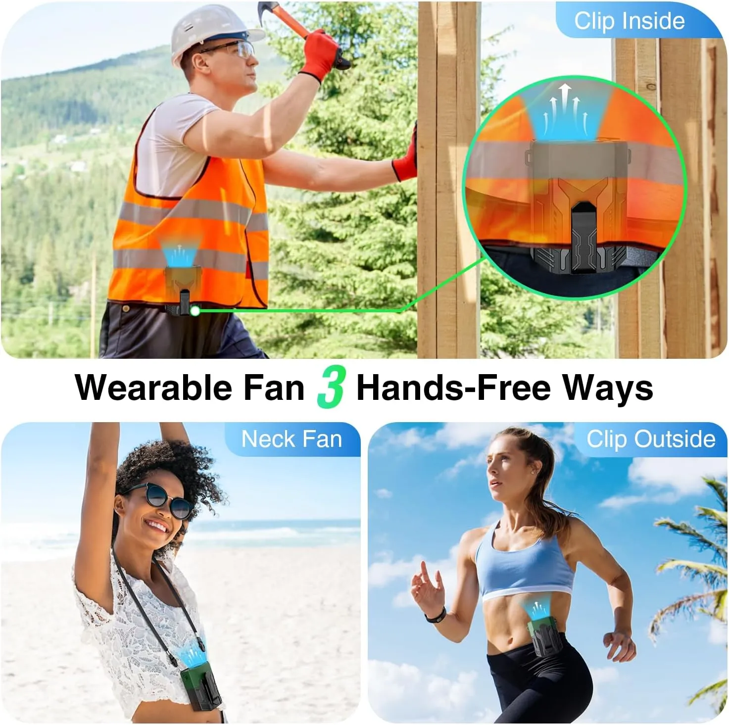 Portable Fan 4000mAh Rechargeable, 4 Speeds 13000RPM Strong Airflow, Personal Waist Fan with Max 24H Working Time, Wearable Clip Belt fan for Camping, Outdoor, Jobsite, Traveling -Green & Black