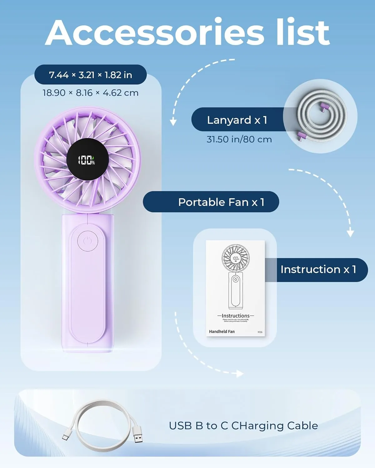 Portable Fan, 4000mAh USB Rechargeable, 180 Foldable Mini Desk Fan, 6 Wind Speed, LCD Digital Display, Lanyard as Neck Fan, Ultra Quiet, Pocket Size for Indoor Outdoor