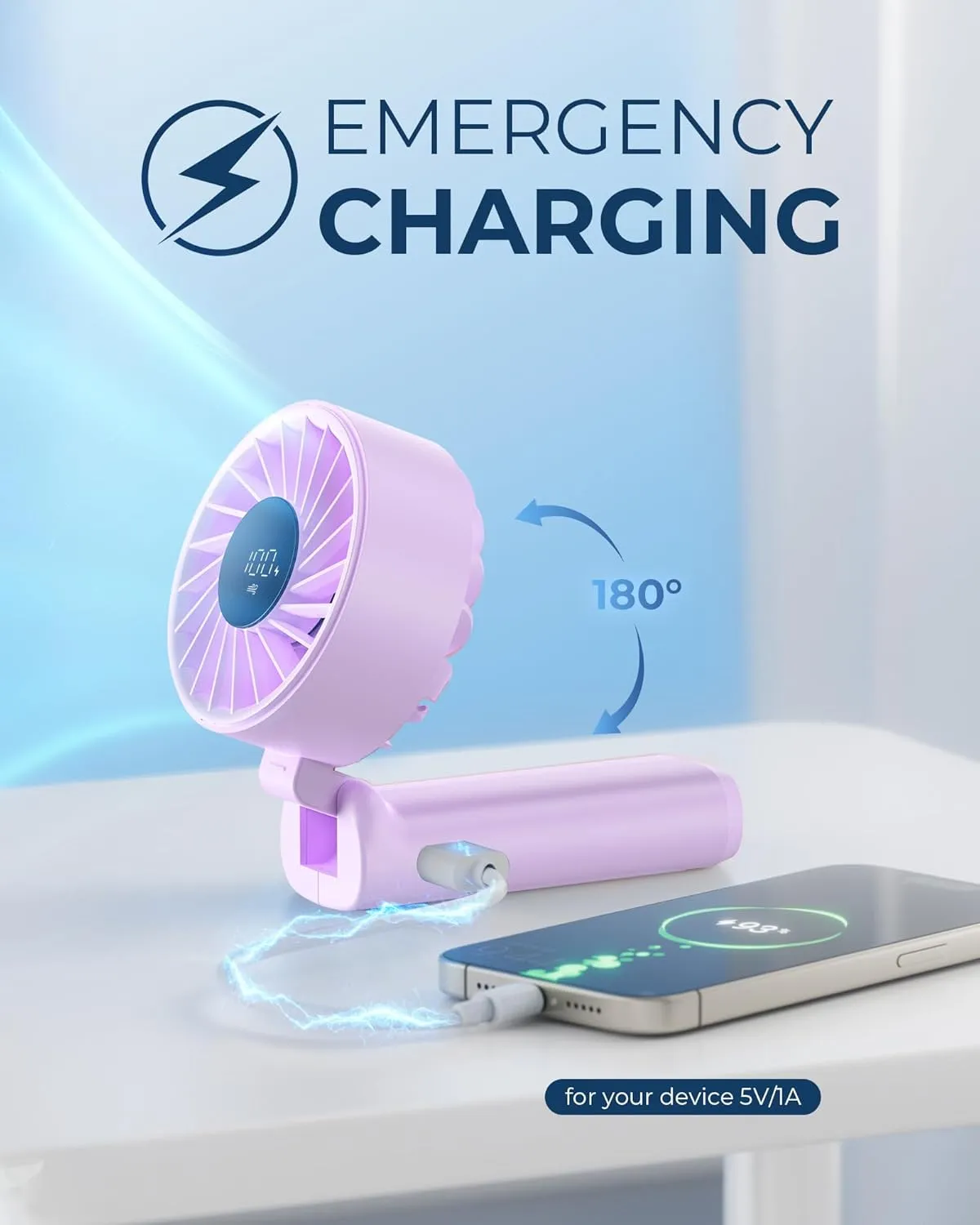 Portable Fan, 4000mAh USB Rechargeable, 180 Foldable Mini Desk Fan, 6 Wind Speed, LCD Digital Display, Lanyard as Neck Fan, Ultra Quiet, Pocket Size for Indoor Outdoor
