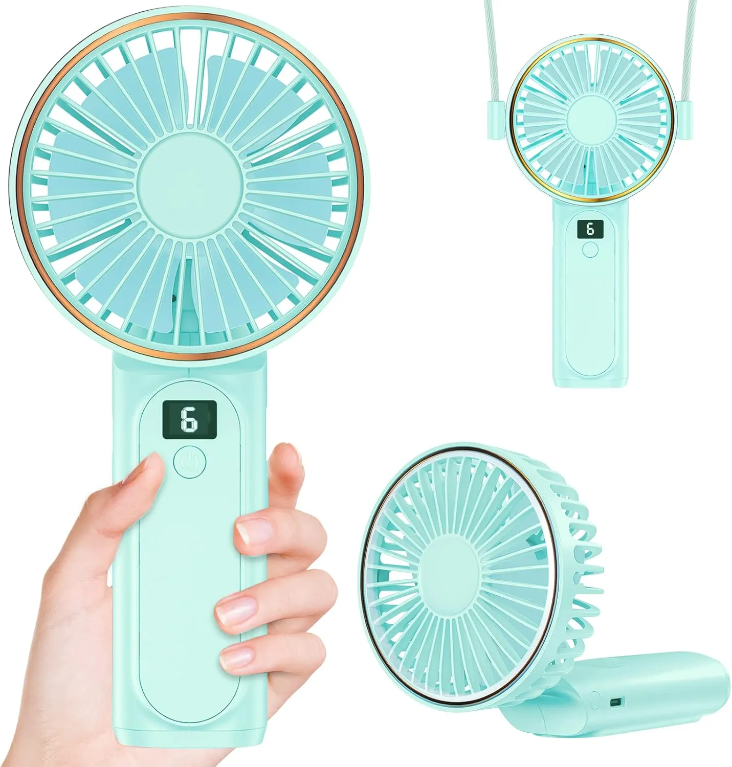 Portable Fan, 4000mAh USB Rechargeable, 180 Foldable Mini Desk Fan with 6 Wind Speed, LCD Digital Display, Lanyard as Neck Fan, Ultra Quiet Waist-mounted portable fan for outdoor use