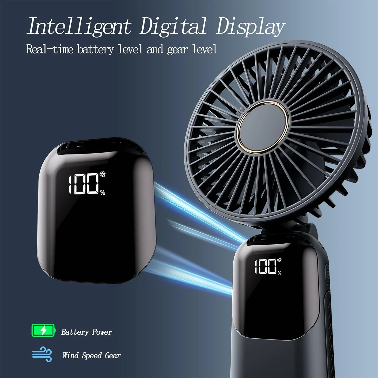 Portable Fan, 4200mAh Battery Operated Fan, 5 Speeds&Digital Display, Makeup Fans for Women with Base, 180Foldable 3in1 Handheld/Neck/Desk Fan for Outdoor Indoor,Ultra Quiet (Black)