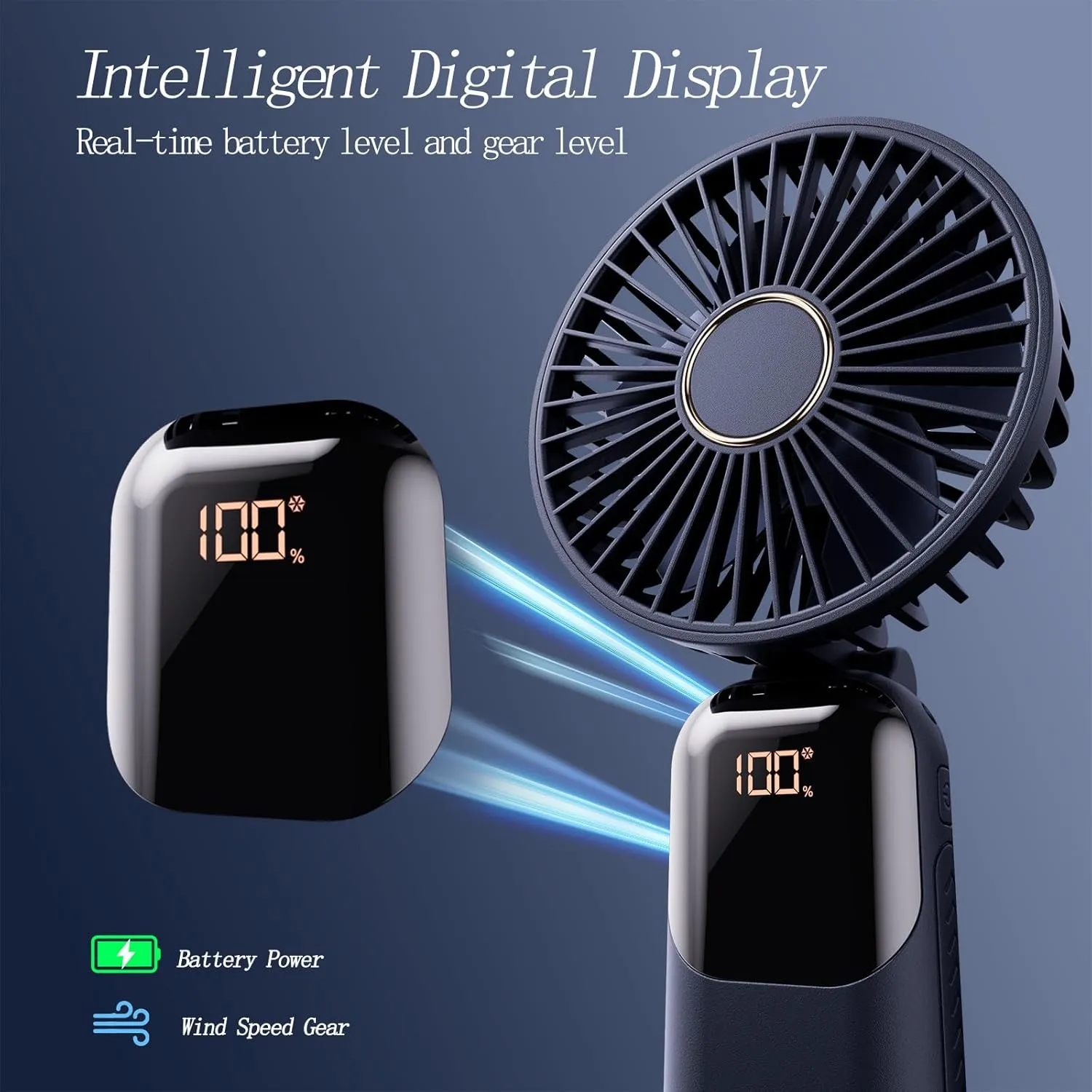 Portable Fan, 4200mAh Battery Operated Fan, 5 Speeds&Digital Display, Makeup Fans for Women with Base, 180Foldable 3in1 Handheld/Neck/Desk Fan for Outdoor Indoor,Ultra Quiet (Blue)