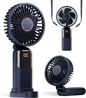 Portable Fan, 4200mAh Battery Operated Fan, 5 Speeds&Digital Display, Makeup Fans for Women with Base, 180Foldable 3in1 Handheld/Neck/Desk Fan for Outdoor Indoor,Ultra Quiet (Blue) Neck fan for hands-free comfort