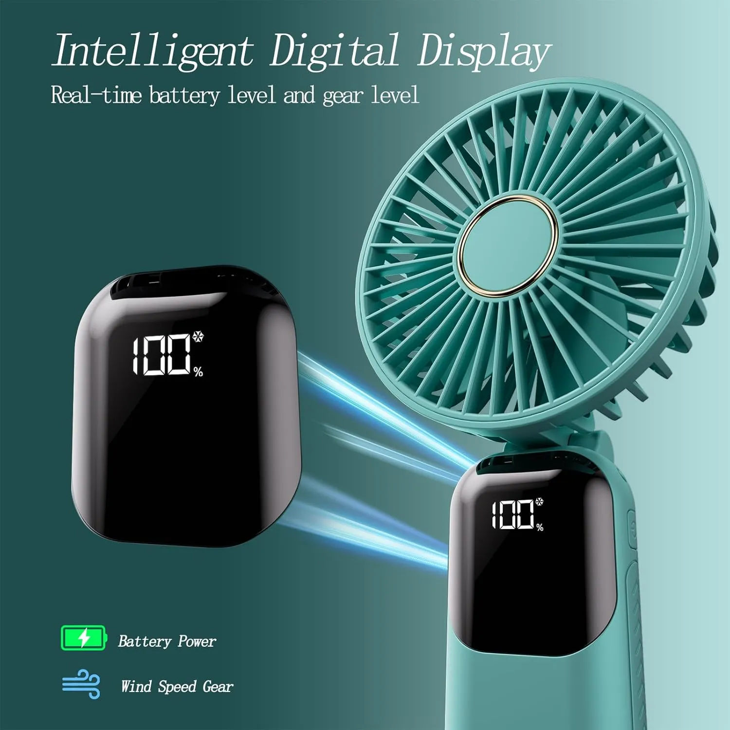 Portable Fan, 4200mAh Battery Operated Fan, 5 Speeds&Digital Display, Makeup Fans for Women with Base, 180Foldable 3in1 Handheld/Neck/Desk Fan for Outdoor Indoor,Ultra Quiet (Green)