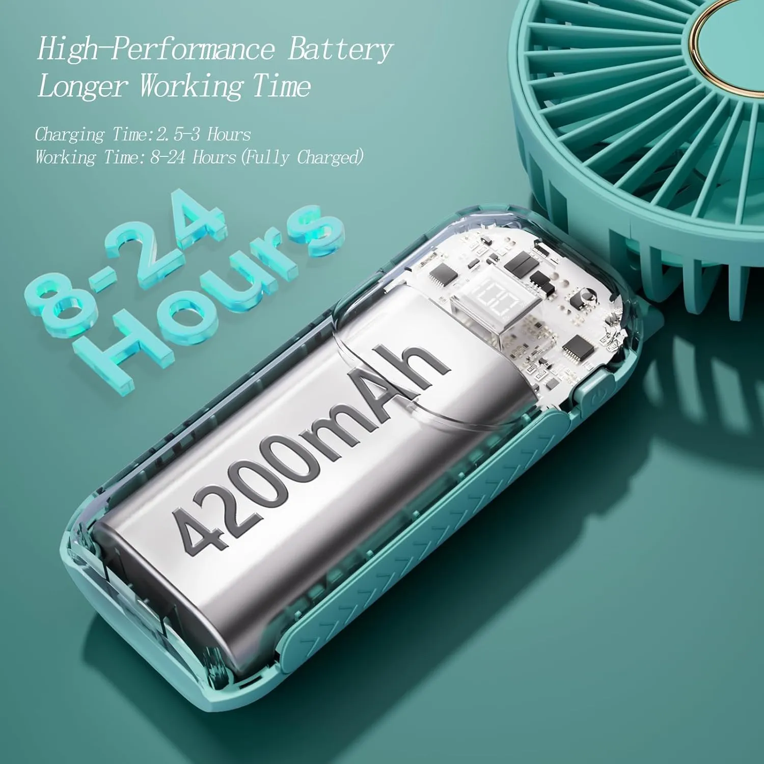 Portable Fan, 4200mAh Battery Operated Fan, 5 Speeds&Digital Display, Makeup Fans for Women with Base, 180Foldable 3in1 Handheld/Neck/Desk Fan for Outdoor Indoor,Ultra Quiet (Green)