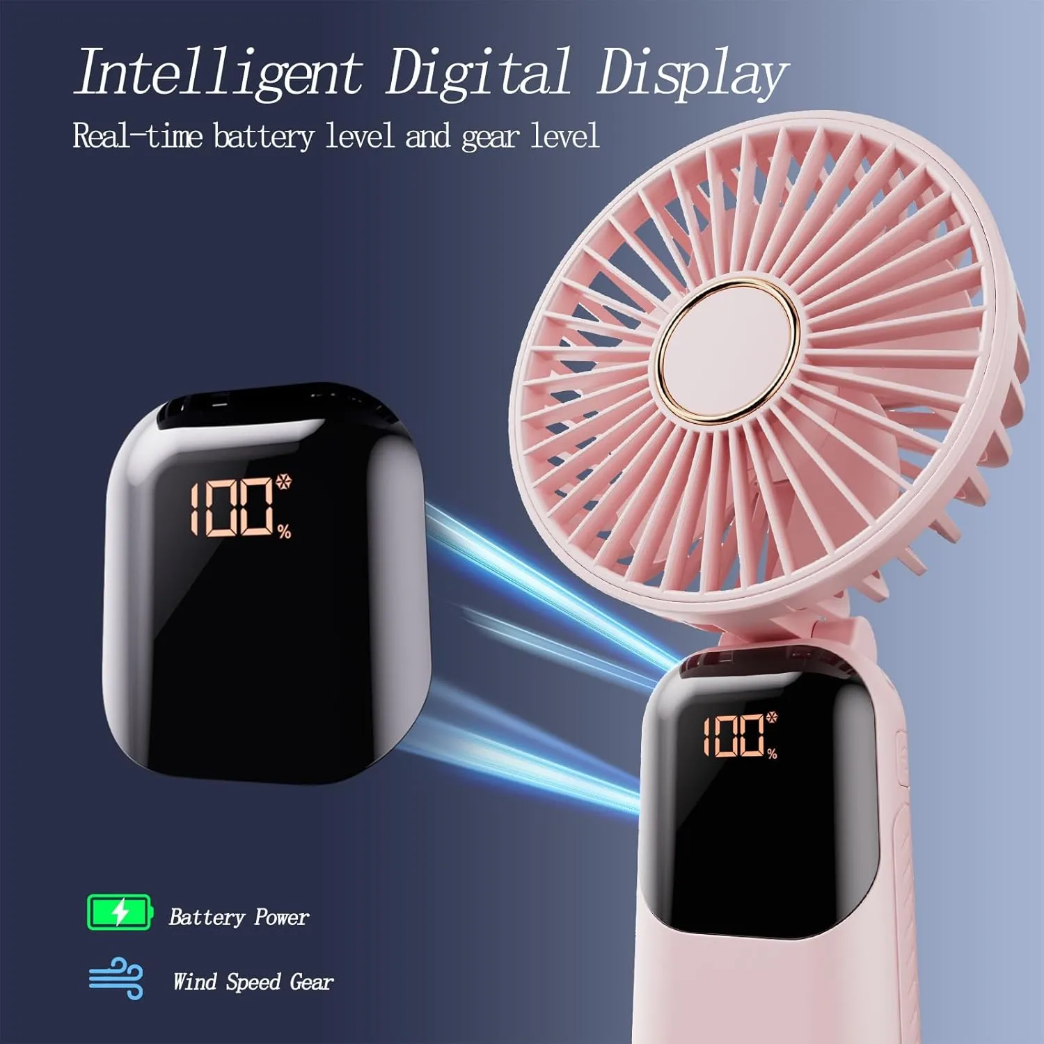 Portable Fan, 4200mAh Battery Operated Fan, 5 Speeds&Digital Display, Makeup Fans for Women with Base, 180Foldable 3in1 Handheld/Neck/Desk Fan for Outdoor Indoor,Ultra Quiet (Pink)