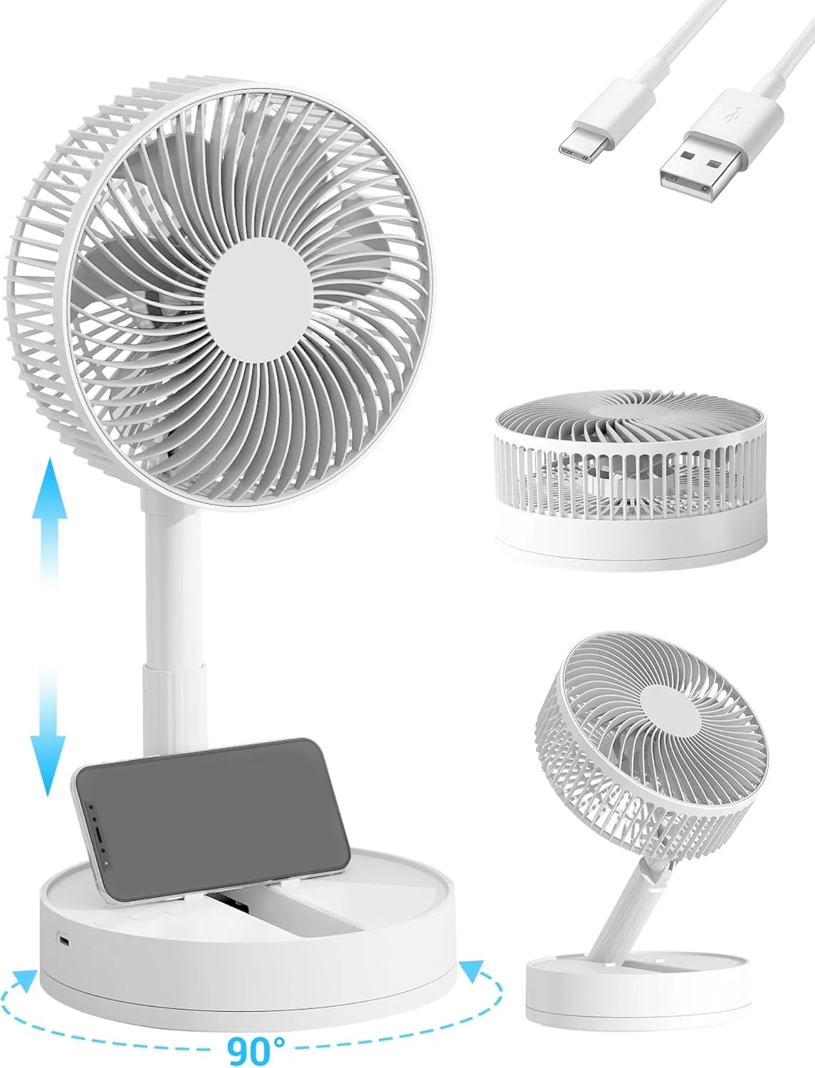 Portable Fan, 8'' Oscillating Desk Fan, 5400mAh Rechargeable Small Fan for Bedroom, 4 Speeds8H Timer Battery Powered Travel Fans for Outdoor, White Octopus-shaped decorative fan