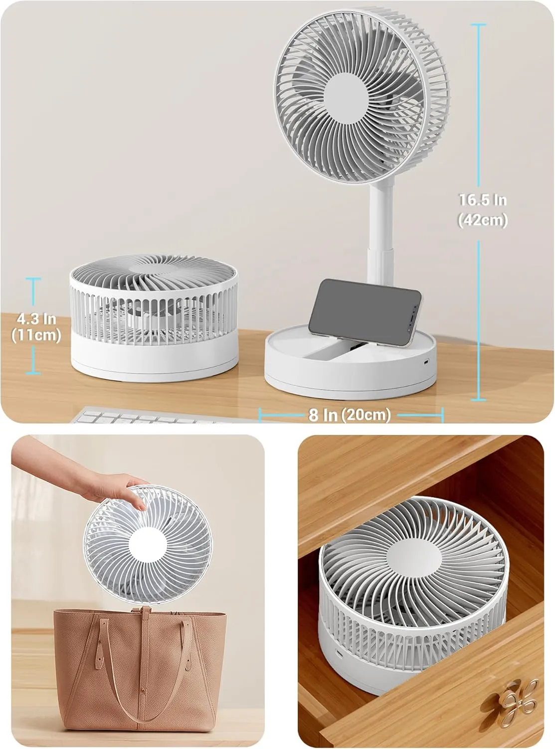 Portable Fan, 8'' Oscillating Desk Fan, 5400mAh Rechargeable Small Fan for Bedroom, 4 Speeds8H Timer Battery Powered Travel Fans for Outdoor, White