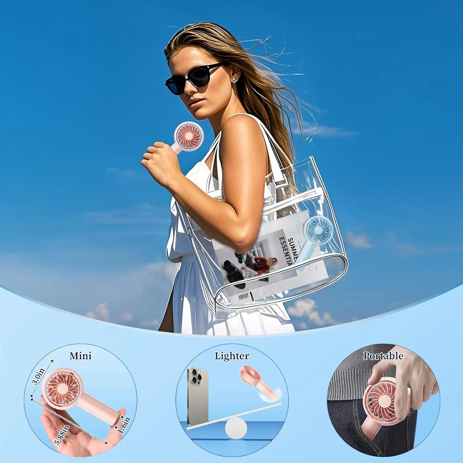 Portable Fan, 90Tilts Up&Down Fans for Extra Cooling Space, 3 Speed Handheld Personal Fan with Lightweight Design, Rechargeable Mini Fans for Stylish Girl/Women/Men/Pets/Indoor/Outdoor
