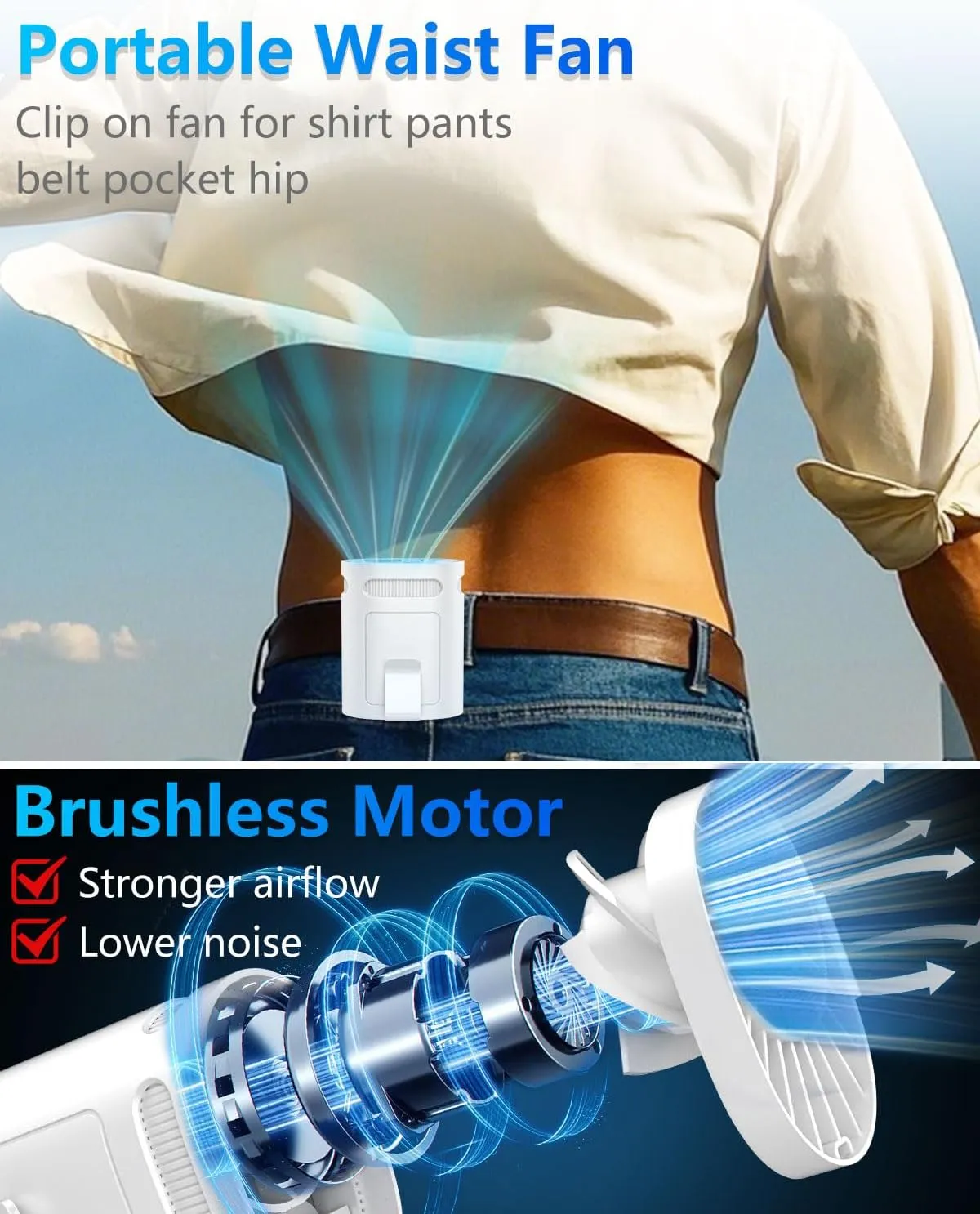 Portable Fan Clip on Pants-Personal Little Light Weight Waist Fan Coolclip Belt Hip Pocket Hard Hat,Wireless Wear Charging Battery Powered Quiet Undershirt Waist Band Coolclip Fans Adult Kid White
