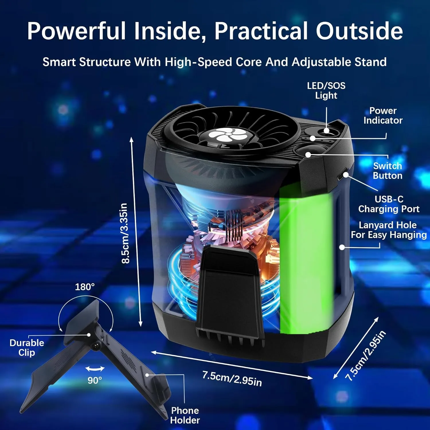 Portable Fan for Under Shirt, Waist Fan Clip On Belt, 4-in-1 Rechargeable Body Fan with LED Light, Phone Stand, Fast Charging 4-Speed Hip Personal Wearable Fan for Fishing, Outdoor, Makeup, Kitchen