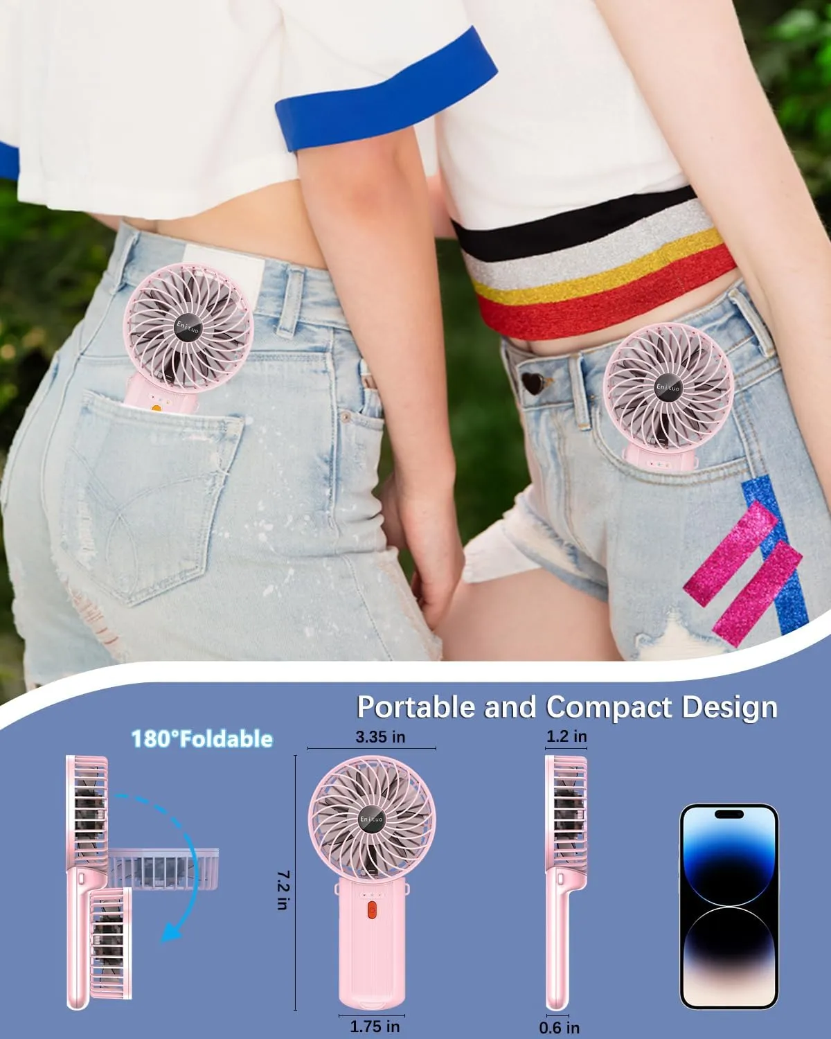 Portable Fan Handheld Fan, Mini Hand Held Fan, 6-15H Cooling Small Personal Fan, 180 Foldable Mini Desk Fan with 4 Quiet Speed, Neck Fan w/Lanyard for Kids Women Men Travel Outdoor Office, Pink