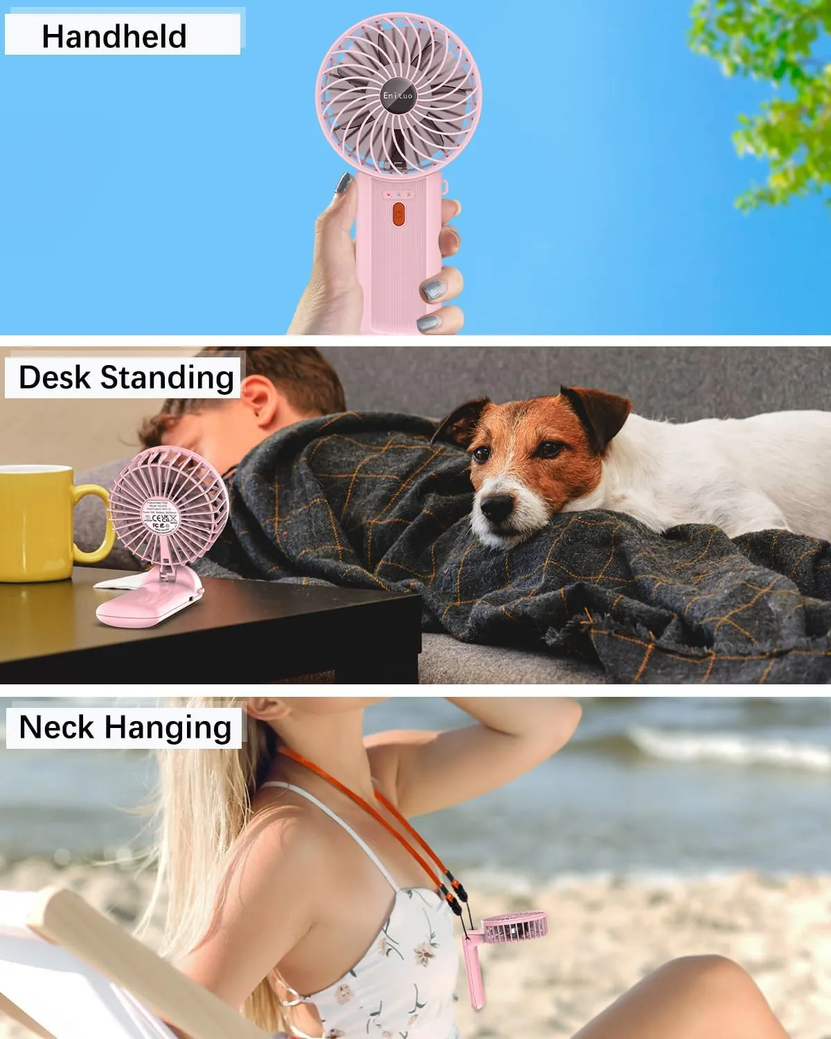 Portable Fan Handheld Fan, Mini Hand Held Fan, 6-15H Cooling Small Personal Fan, 180 Foldable Mini Desk Fan with 4 Quiet Speed, Neck Fan w/Lanyard for Kids Women Men Travel Outdoor Office, Pink