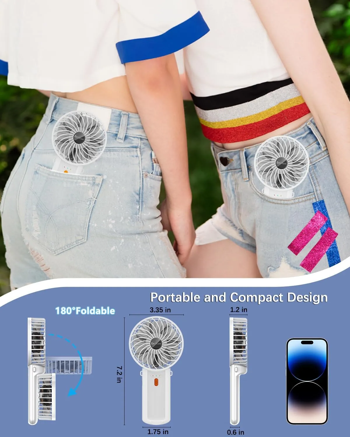 Portable Fan Handheld Fan, Mini Hand Held Fan, 6-15H Cooling Small Personal Fan, 180 Foldable Mini Desk Fan with 4 Quiet Speed, Neck Fan w/Lanyard for Kids Women Men Travel Outdoor Office, White