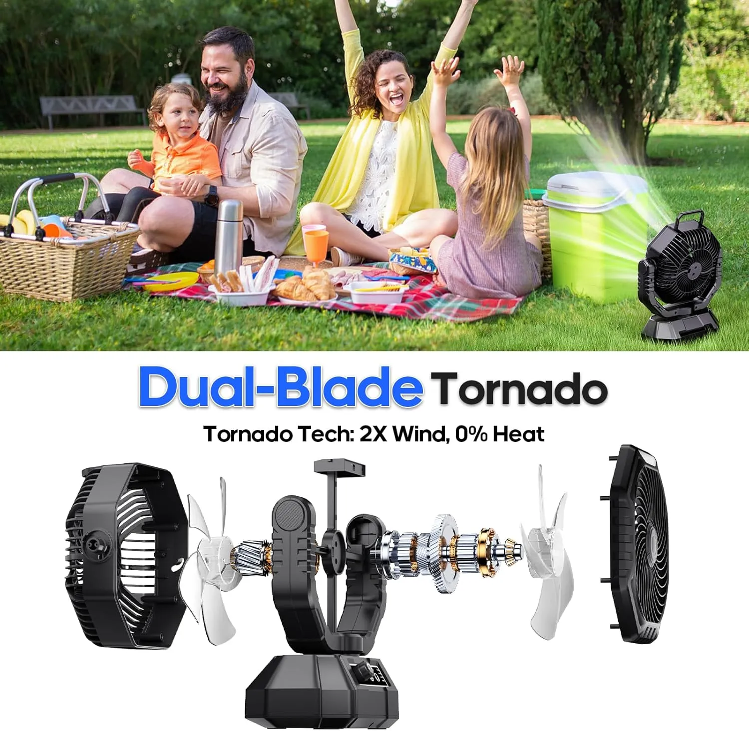 Portable Fan Rechargeable, 20000mAh Battery Powered Fan, LED Light, Remote Controller, Dual-Blade, 90/270 Swing, 1-3H Timer, Battery Operated fan For Travel Tent Camping Bedroom Office Beach Fishing