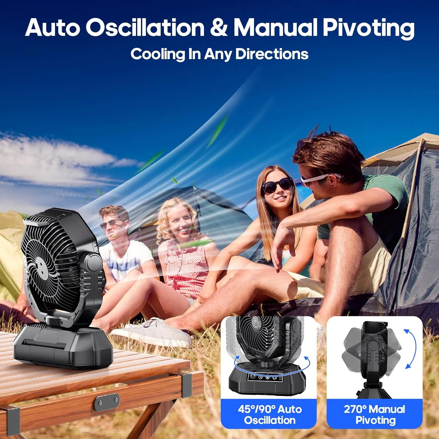 Portable Fan Rechargeable, 20000mAh Battery Powered Fan, LED Light, Remote Controller, Dual-Blade, 90/270 Swing, 1-3H Timer, Battery Operated fan For Travel Tent Camping Bedroom Office Beach Fishing