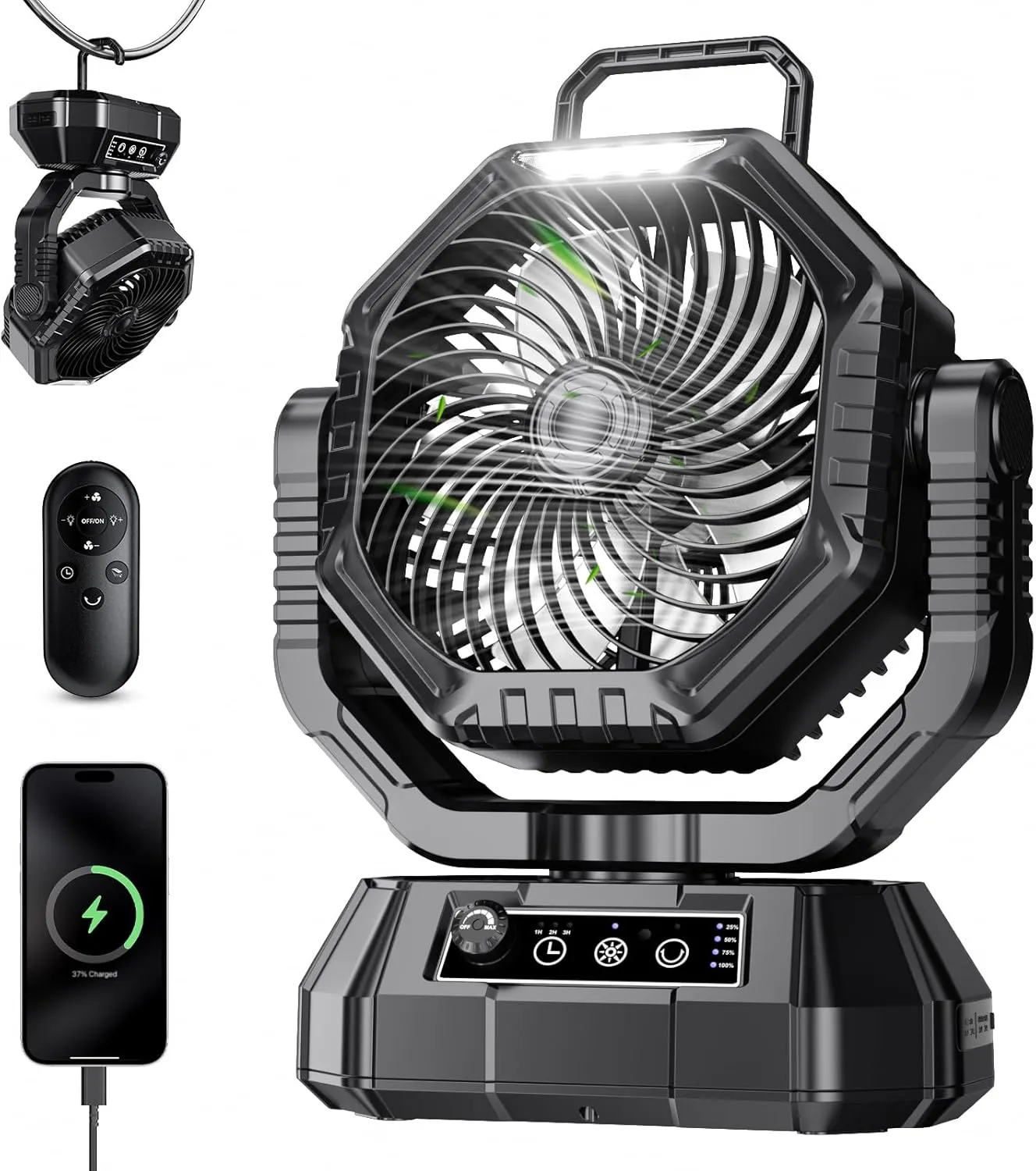Portable Fan Rechargeable, 20000mAh Battery Powered Fan, LED Light, Remote Controller, Dual-Blade, 90/270 Swing, 1-3H Timer, Battery Operated fan For Travel Tent Camping Bedroom Office Beach Fishing Battery-powered portable fan