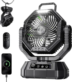 Portable Fan Rechargeable, 20000mAh Battery Powered Fan, LED Light, Remote Controller, Dual-Blade, 90/270 Swing, 1-3H Timer, Battery Operated fan For Travel Tent Camping Bedroom Office Beach Fishing Battery-powered portable fan