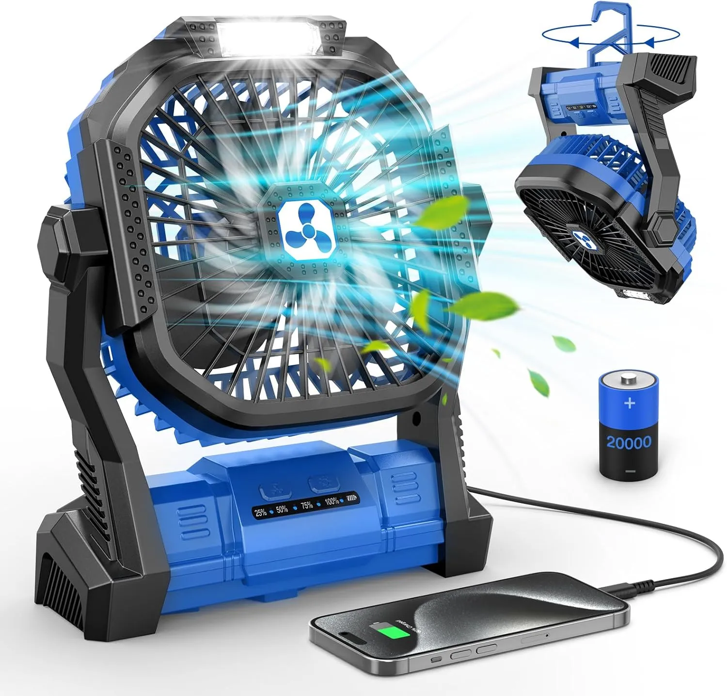 Portable Fan Rechargeable, Cordless Battery Powered Fan with LED Lantern 20000mAh, USB C Battery Operated for Travel Bedroom Home Camping Tent Office Beach Desk Picnic Barbecue Fishing Table Battery-powered portable fan