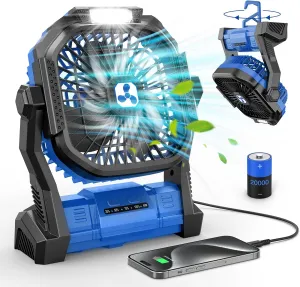 Portable Fan Rechargeable, Cordless Battery Powered Fan with LED Lantern 20000mAh, USB C Battery Operated for Travel Bedroom Home Camping Tent Office Beach Desk Picnic Barbecue Fishing Table Battery-powered portable fan