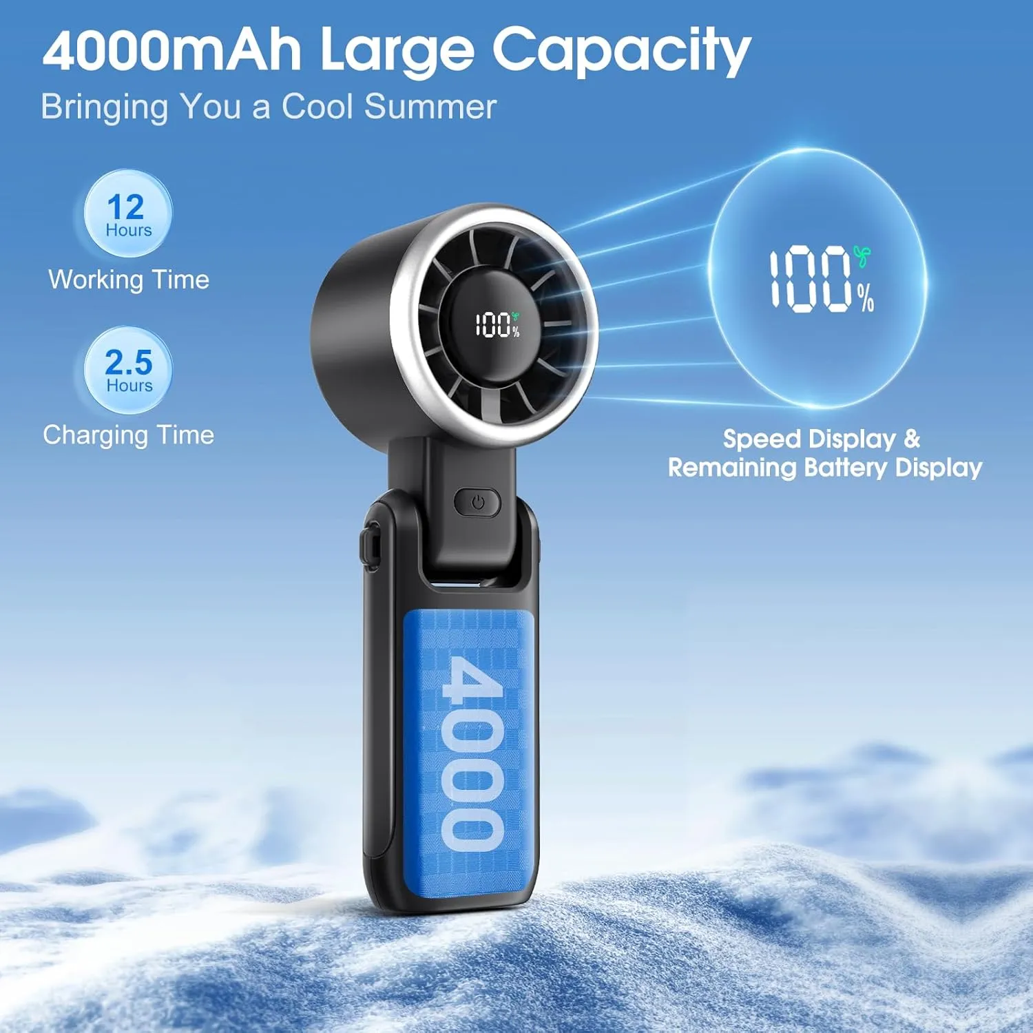 Portable Fan Rechargeable Mini Fan: Hand Fan with Air Turbo Tech, 4000mAh and 5 Speeds Led Display, 3 IN 1 Foldable Small Personal Fans for Travel, Outdoor, Working, Shopping (Black)