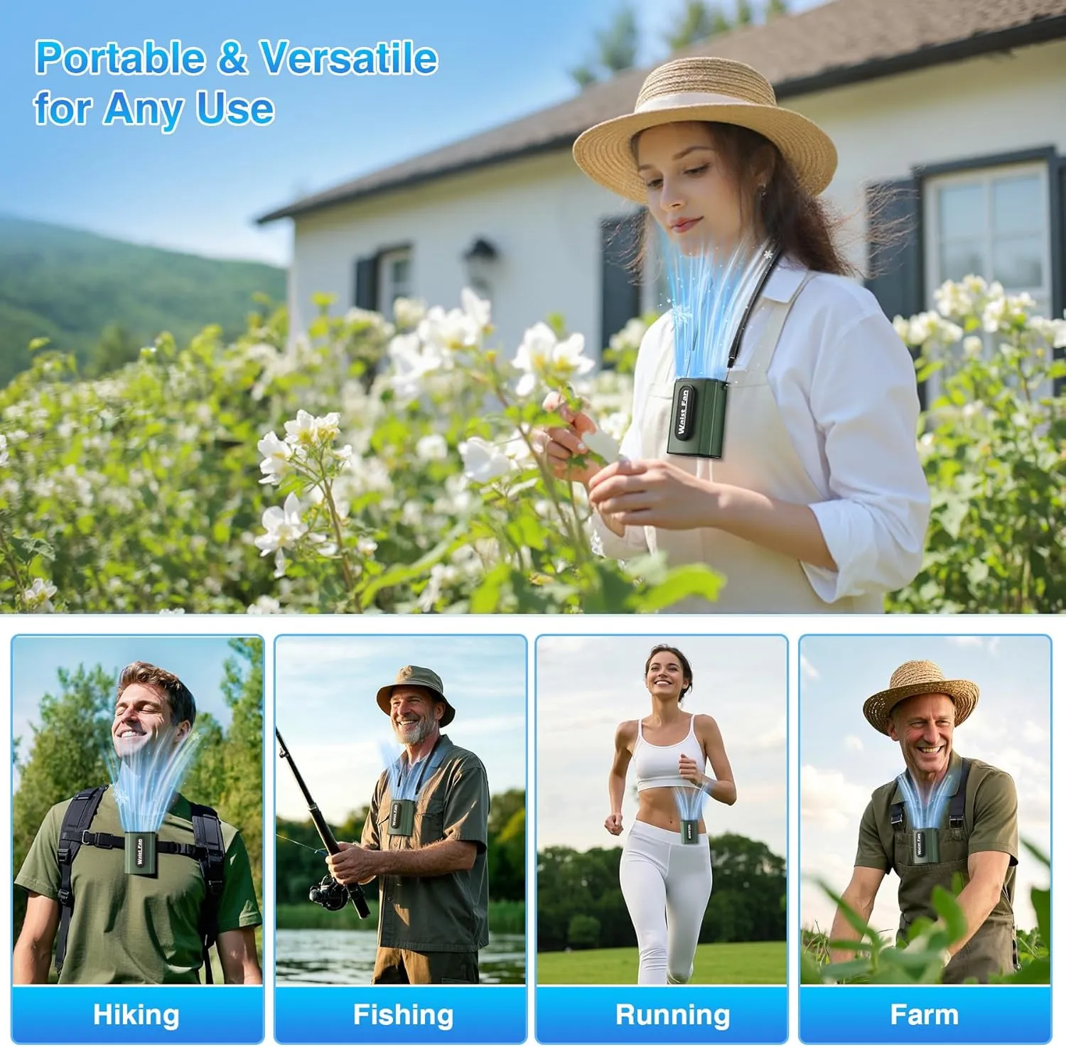 Portable Fan Rechargeable, Personal Waist Fan with 17500RPM Strong Airflow 4 Speed.Dual-Sided Clip on Wearable Belt Shirt Hands-Free Hanging Neck Fan, Cooling For Outdoor, Travel,Camping,Jobsite