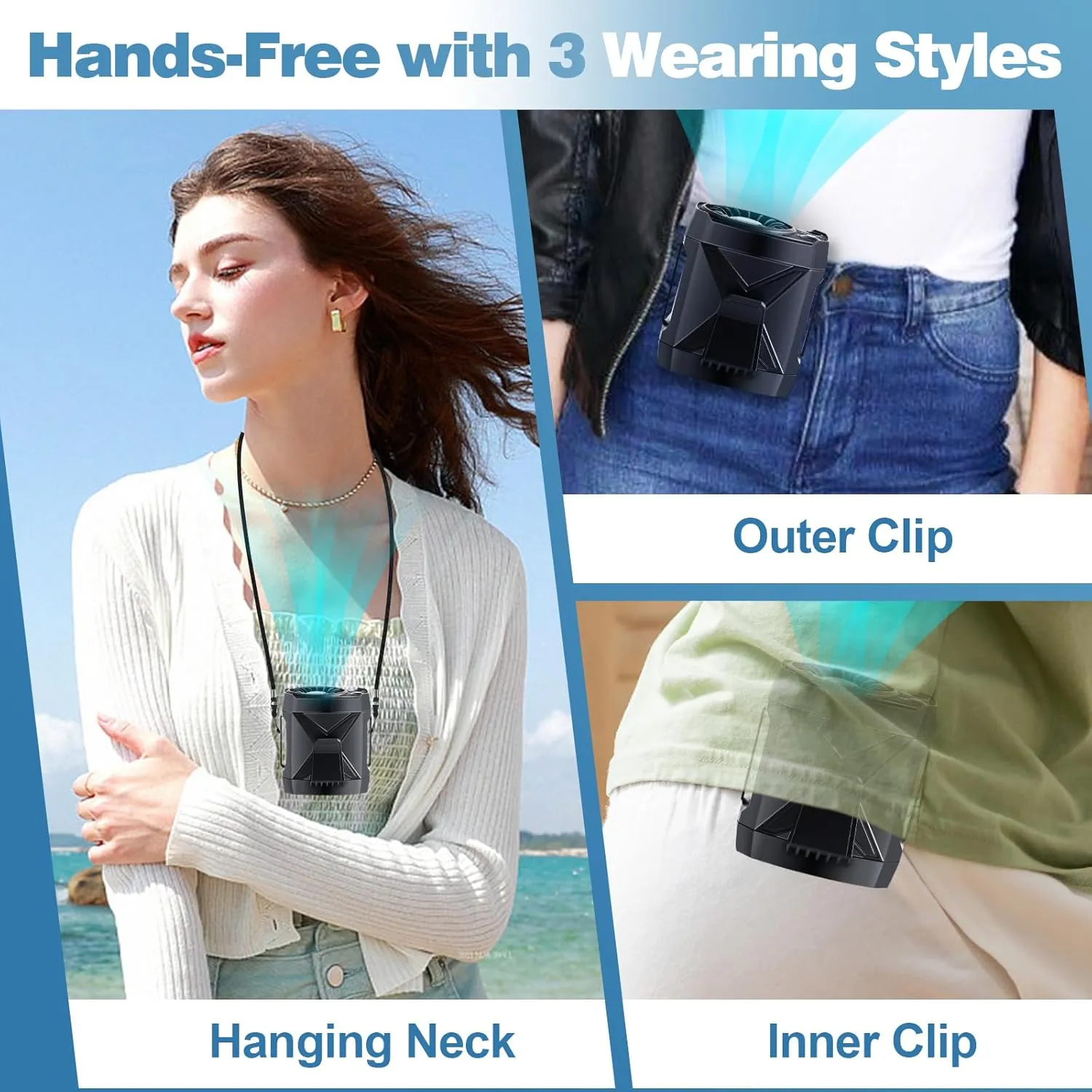 Portable Fan Rechargeable, Personal Waist Neck Wearable Cooling Fan with Light, 4 Speeds 9200RPM Strong Airflow for Outdoor, Jobsite, Camping, Travel