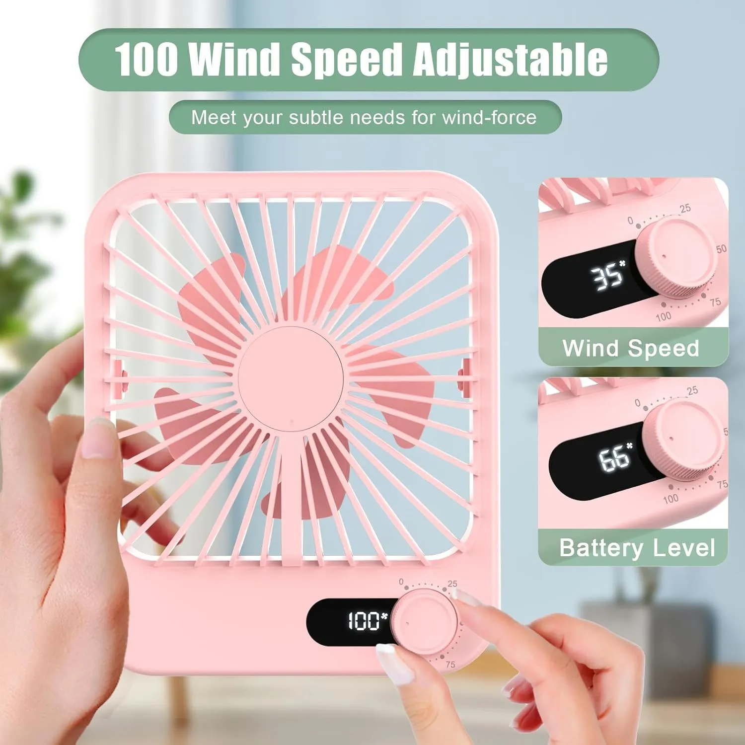 Portable Fan Rechargeable, Small Desk Fan Quiet, 180Tilt Adjustable Personal Fan for Sleeping, Battery Operated, 100 Speeds, Table Fan for Bedroom Office Home Outdoor, Pink